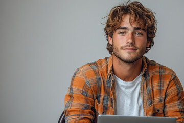 Relaxed Young Man Studying Happily in Studio Setting