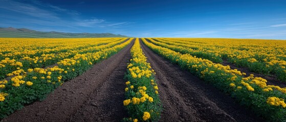 Vast field of yellow flowers under a blue sky