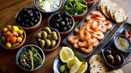 Mediterranean tapas spread: olives, shrimp, dips, and bread