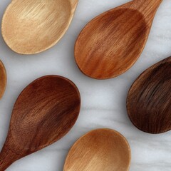 Assortment of wooden spoons on marble surface