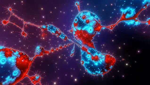 Abstract cosmic structure with red and blue glowing elements against a starry background.