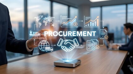 Digital procurement and supply chain management concept with holographic interface showing cost efficiency,analytics,logistics,handshake and shipping icons