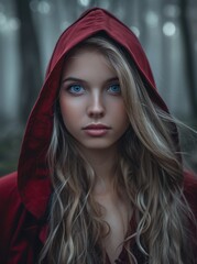 Young woman with striking blue eyes in a red hood
