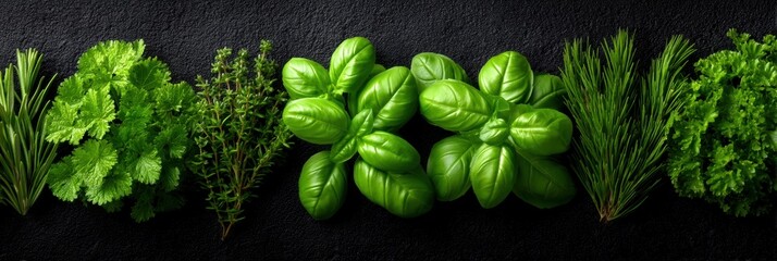 Fresh herbs arranged on a dark textured background