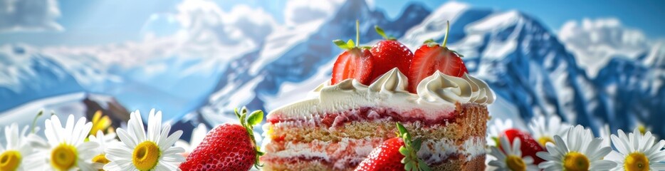 Strawberry cake with whipped cream and daisies in mountains