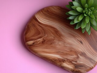 Natural wood cutting board with succulent plant.