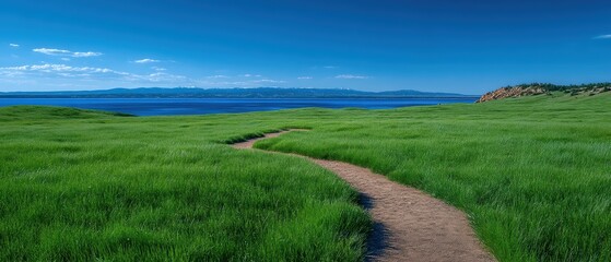 Winding dirt path through lush green meadow towards blue lake