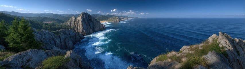Rugged cliffs meet the vibrant blue ocean waves.