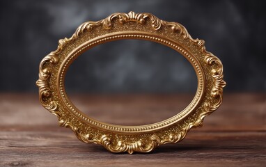 Ornate golden oval picture frame on wooden table