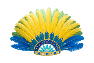 Brazilian carnival feather headdress with vibrant colors, isolated on a transparent background