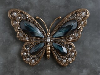 Ornate antique butterfly brooch with blue gemstones.