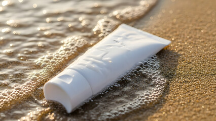 Sunscreen Tube on Sandy Beach by Ocean Wave