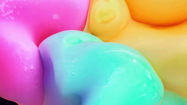 Vibrant 3D abstract animation of melting and merging colorful shapes in pink, teal, and yellow on a dark background.