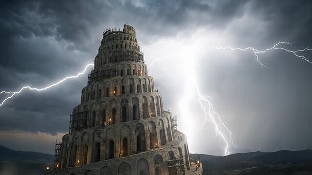 Tall Ancient Tower of Babel Reaching into Stormy Sky Struck by Lightning Depicting Biblical Story of Pride and Confusion of Languages

