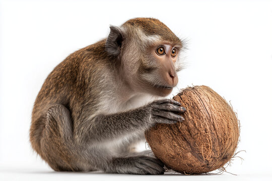 Cute monkey holding a whole coconut with curious expression captured in studio lighting. Playful animal portrait highlighting wildlife behavior, texture, and natural charm isolated on white background