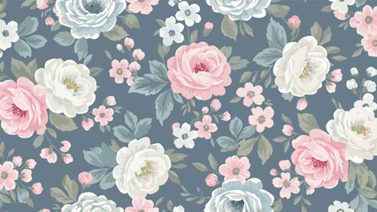 Elegant floral vector illustration with soft pink and white roses on a muted blue background, perfect for textiles and decor