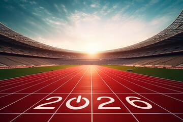 2026 start up business icon on red running tracks in stadium, Evening scene, Happy new year 2026 start up and success concept