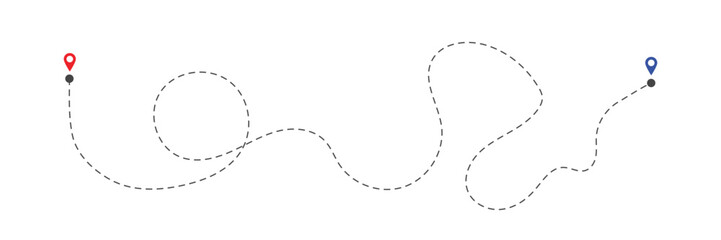 Map with pin pointers and dashed pathway. Route location. Navigation infographic. Abstract trip process. Vector