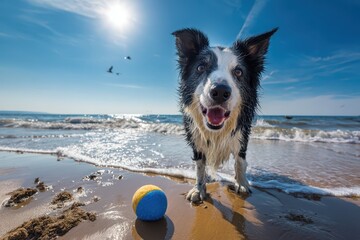 Playful dog on a sunlit beach with a bright plastic ball near the water