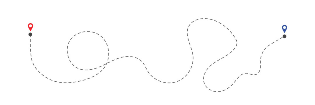 Map with pin pointers and dashed pathway. Route location. Navigation infographic. Abstract trip process. Vector