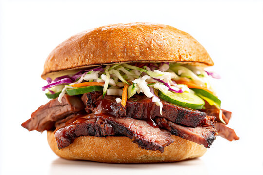 Smoked beef brisket sandwich topped with creamy coleslaw served in a soft bun under clean studio lighting. Hearty barbecue food presentation highlighting rich texture, savory flavor, and comfort style