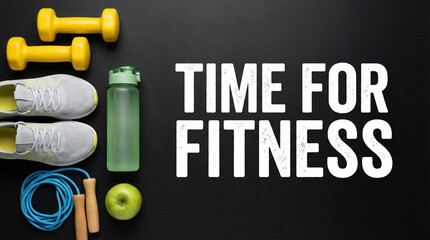 time for fitness flat lay photo, gym equipment on black board, workout motivation banner text, healthy lifestyle concept image