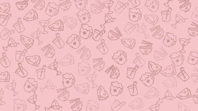 Pink background adorned with various food and drink icons in a cartoon style. Perfect for foodthemed designs or social media posts. - Powered by Adobe