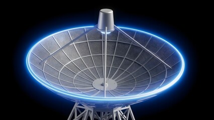 High-tech satellite dish with radiant blue light, representing cutting-edge communication, global connectivity, and signal reception in a digital era
