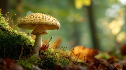 Close-up of spotted mushroom in sunlit forest setting