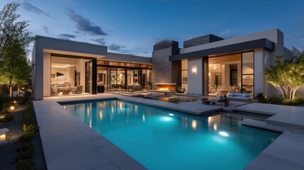 Modern luxury home with pool at dusk featuring contemporary architecture and ambient lighting