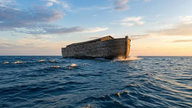 Noah's Ark Floating on Calm Ocean Waters at Sunset during the Great Flood Depicting Salvation and Divine Protection