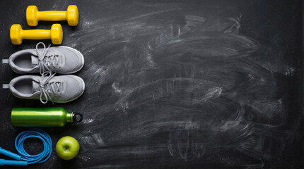 Fitness Gear on Chalkboard, Workout Equipment Flat Lay, Healthy Lifestyle Concept, Gym Essentials Background