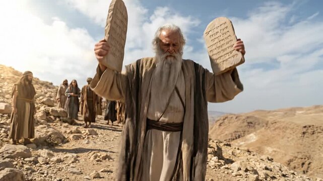 Prophet Moses Holding Two Stone Tablets with Ten Commandments Descending Mount Sinai with Israelites in Background