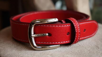Vivid red leather belt with silver buckle and white stitching on soft background