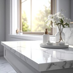 Modern bathroom scene with countertop and floral arrangement