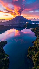 Majestic volcano with plume reflects in a still, tranquil lake