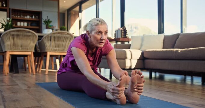 Woman, stretching and pilates on mat, home and workout routine in living room, warm up and wellness. Healthy, mature person and exercise preparation on floor, balance and flexibility for fitness