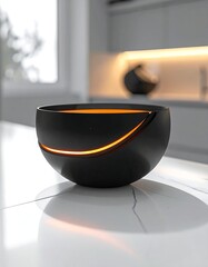 Modern black bowl with illuminated crack, placed on a kitchen counter