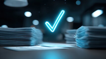 Neon checkmark glowing above stacks of documents in a dark office setting