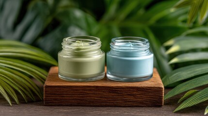 Natural skincare creams in glass jars amidst lush greenery