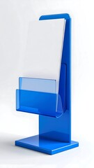 Modern blue acrylic brochure holder with white papers in it