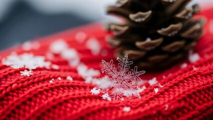 Snowflake and pinecone on red knit fabric