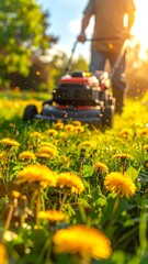 Man cutting grass with mower in sunny garden, yellow dandelions in focus
