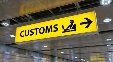 Fototapeta premium Customs sign at airport directing travelers to processing area during busy travel hours