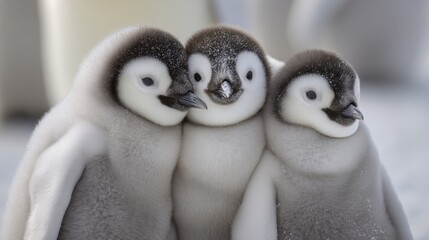 Adorable emperor penguin chicks huddling in snowy antarctic landscape