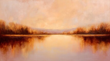 Tranquil autumnal sunset reflection on serene lake with warm hues