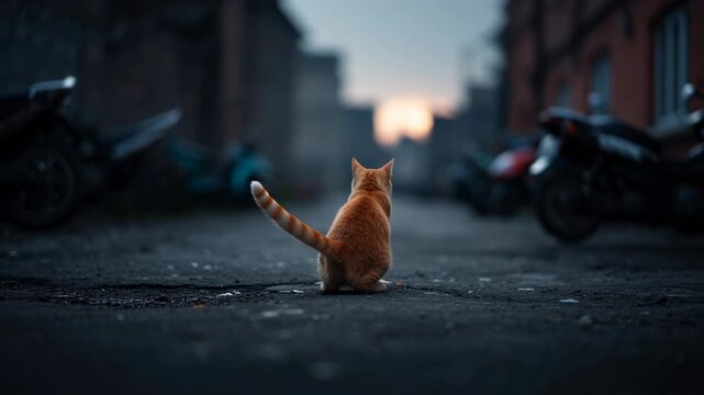 An orange cat sits on a quiet street watching the sunset. After a while, it starts playing and exploring the alley behind parked bikes. The light changes as day turns to night