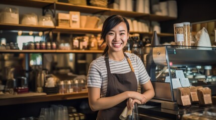 Smiling Asian Woman Barista in Cafe with Coffee Shop Background.