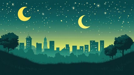 Fototapeta premium Night city skyline, crescent moons, starry sky, hilltop view, background illustration