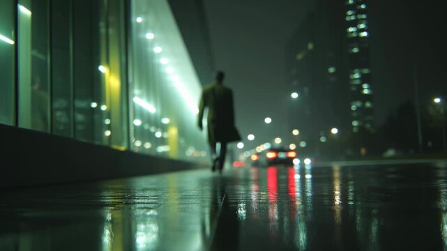 A person walks alone along the street at night. City lights shine on the wet ground creating reflections. The sound of rain can be heard. The atmosphere shows solitude in the urban area